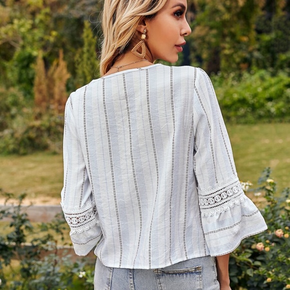 boho neck tie floral print 3/4 sleeve white top - Picture 4 of 5